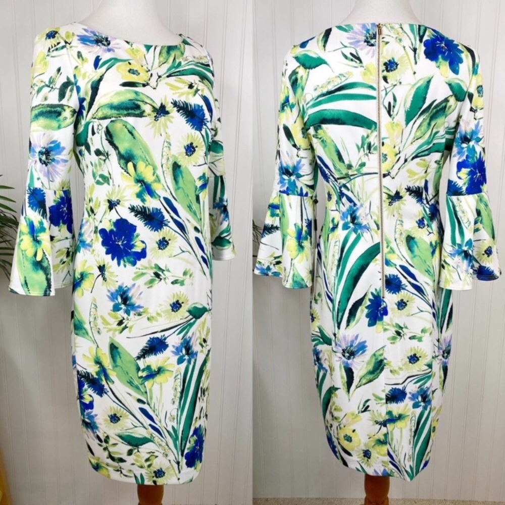 Calvin Klein White Blue Green Floral Bell Sleeve Sheath Dress 10 NWT